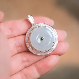 Sterling Silver + Zircon Fine Craftsmanship Inlaid Natural A-Grade Jade Peace Symbol Pendant