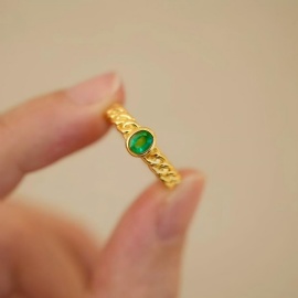 Sterling Silver Plated Gold + Emerald 0.3-0.4ct Chain Ring