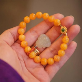 Golden Flow Amber & Hetian Jade Laughing Buddha Beaded Bracelet – Limited Multi-Treasure Edition